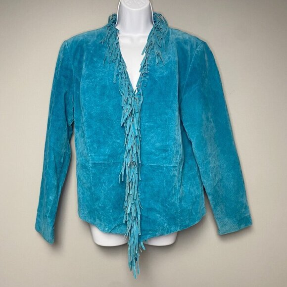 Dialogue Genuine Leather Washable Teal Green Western Fringe Coat Women's Size M - Picture 2 of 7